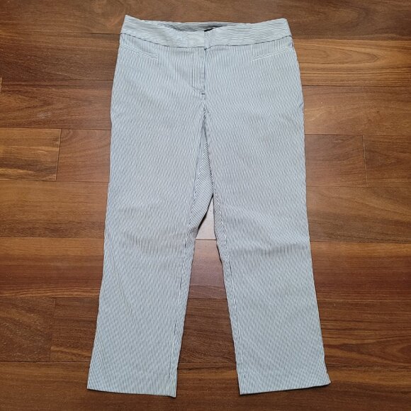 Seer Sucker Ankle Pants Blue White Stripe Nautical Mid Rise Pockets Ann Taylor - Picture 1 of 10